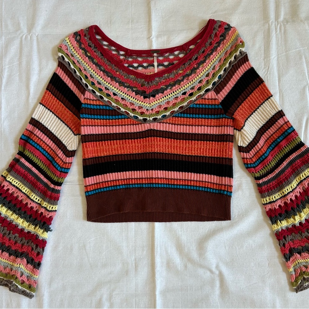Free People | Boho Crochet Striped Crop Top with Bell Sleeves